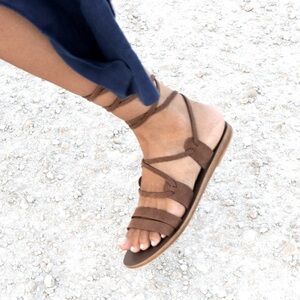 KYMA “Ikaria” Handmade Leather Sandals Shoes Flats in Brown Tan with Ankle Ties